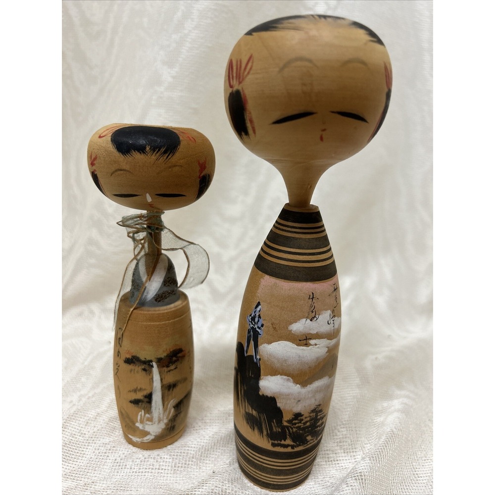 Vintage Wooden Kokeshi Dolls Male and Female Figures‎ with Painted Landscape